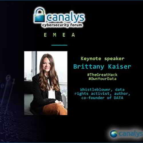 Brittany Kaiser, Cambridge Analytica whistleblower, address the keynote at Canalys Cybersecurity Forum