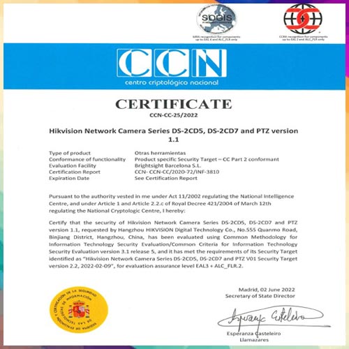 Hikvision obtains CC EAL3+ Certificate for  network cameras