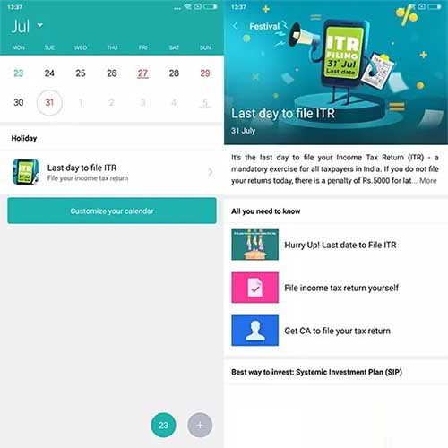 ClearTax's IT Return Filing feature on Xiaomi's Mi Calendar App