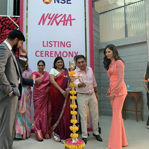 Katrina Kaif lights the ceremonial lamp at Nykaa's NSE listing